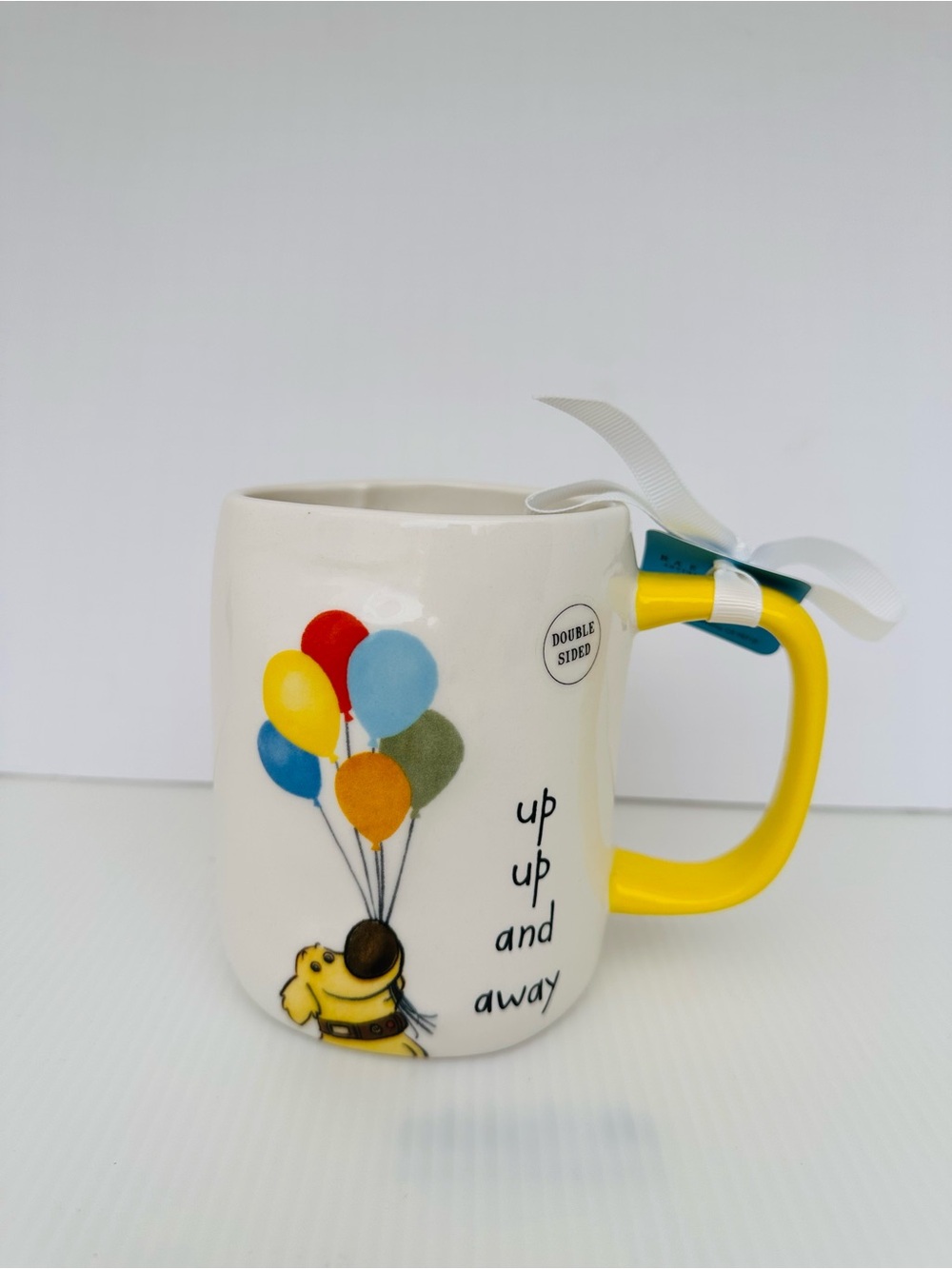 Ceramic Mug with Yellow Handle and Colorful Balloons - 'Up Up and Away'